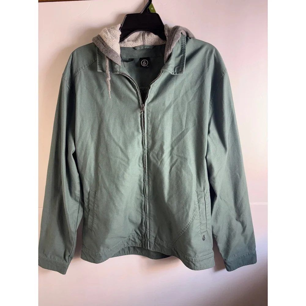 Volcom Mens Hooded Canvas Jacket Sage Green Full Zip Water Resistant Size Large
